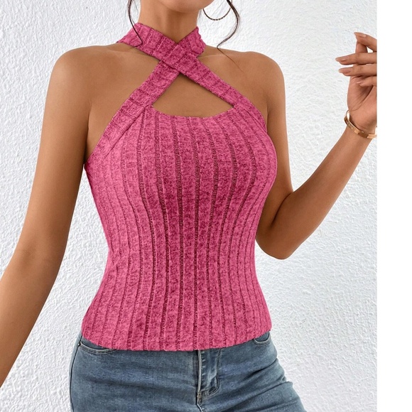 Solid Brushed Fabric Knit Halter Tank Top - Picture 10 of 10